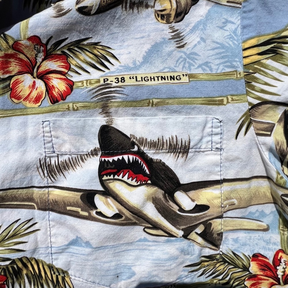 Kalaheo Mens Hawaiian Shirt Large Blue WWII Warbirds P-38 P-51 B-17 Made in USA